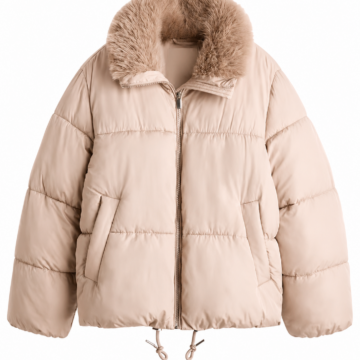 Light Beige Oversized Faux-Fur Collar Puffer Coat