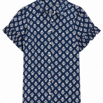 Navy Floral Print Short Sleeve Button-Up Shirt with Ruffle Hem