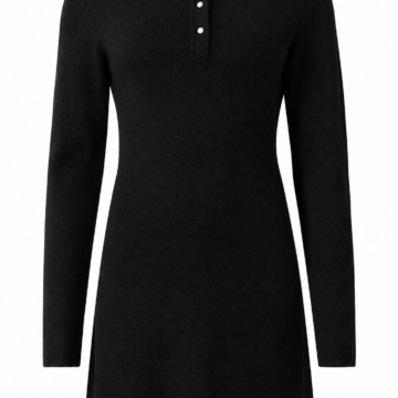 Black Ribbed Knit Long Sleeve Henley Mini Dress