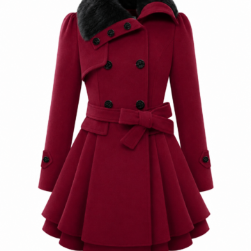 Burgundy Faux-Fur Collar Belted Flared Coat