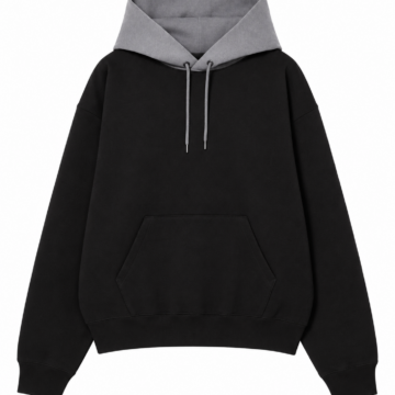 Black and Grey Colorblock Pullover Hoodie with Kangaroo Pocket