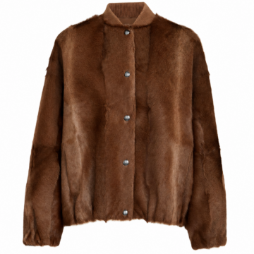 Brown Faux Fur Boxy Jacket with Ribbed Knit Stand Collar