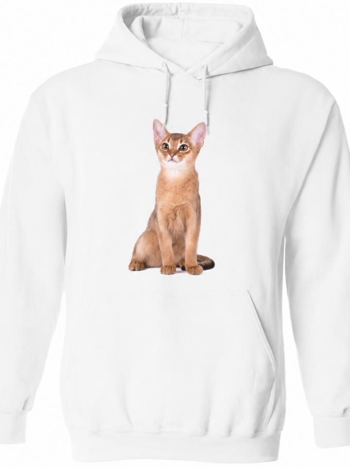 White Pullover Hoodie with Cat Graphic Print and Kangaroo Pocket