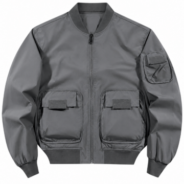 Grey Zip-Up Bomber Jacket with Raglan Sleeves and Utility Pocket