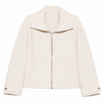 Ivory Cropped Zip-Up Jacket with Spread Collar and Buttoned Cuffs