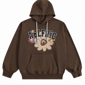 Dark Brown Oversized Pullover Hoodie with Floral Graphic Print