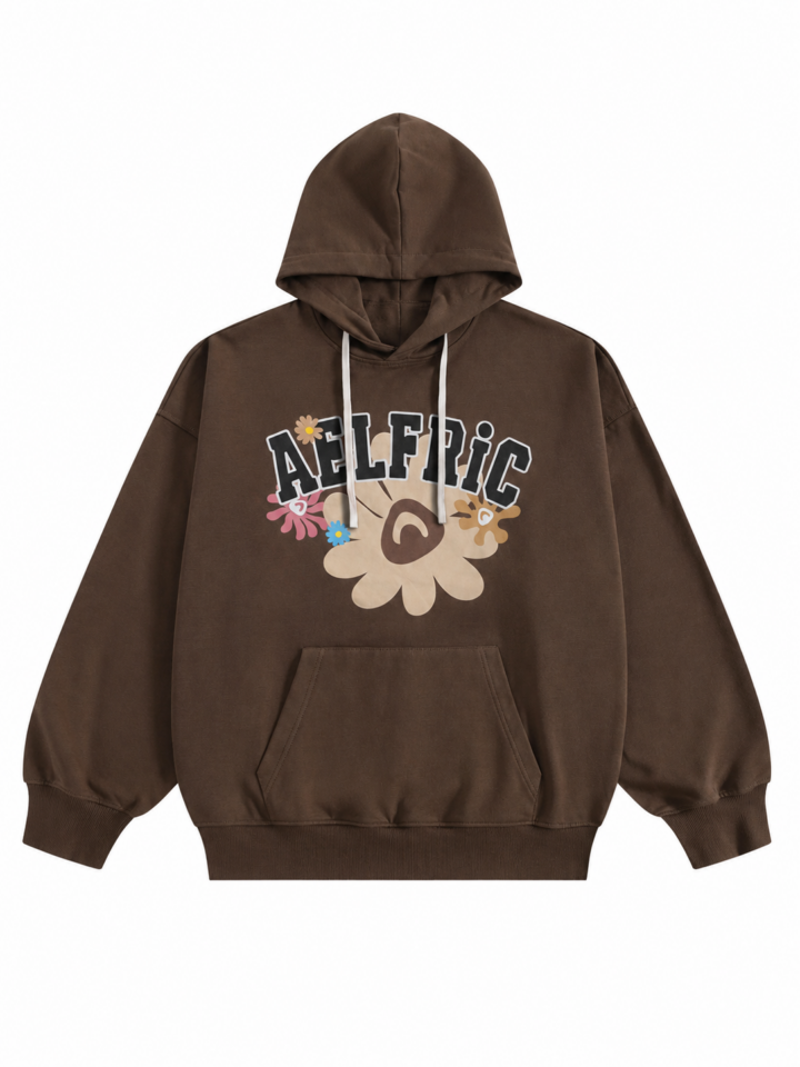 Dark Brown Oversized Pullover Hoodie with Floral Graphic Print