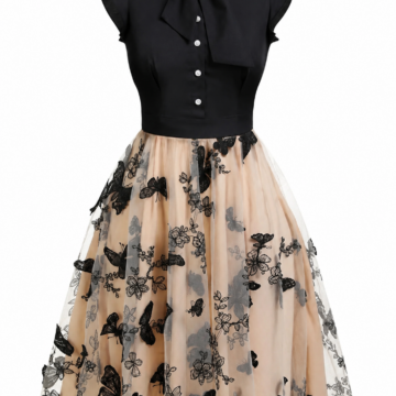 Black and Beige Tulle A-Line Dress with Butterfly Embroidery