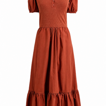 Rust Ribbed Knit Fit-and-Flare Midi Dress