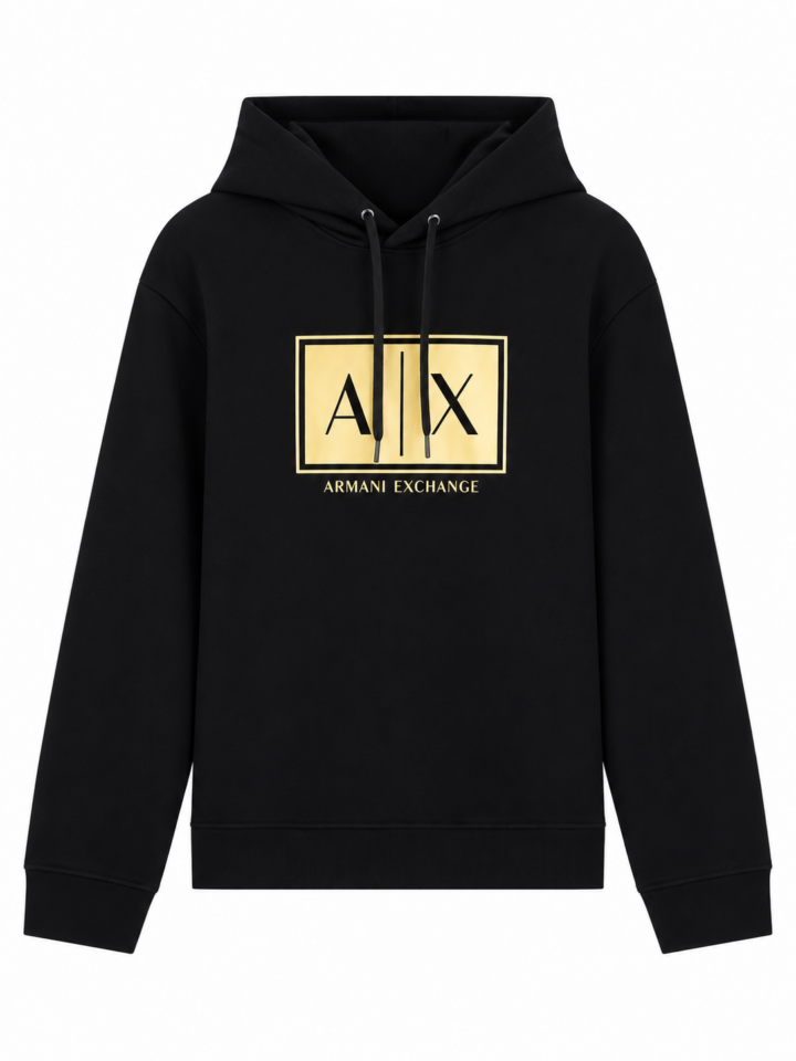 Black Pullover Hoodie with Gold-Tone Patch Logo