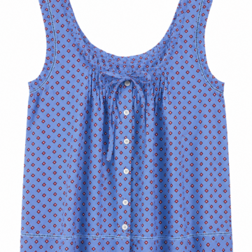 Blue Geometric Diamond Print Sleeveless Button-Down Top with Lace Trim