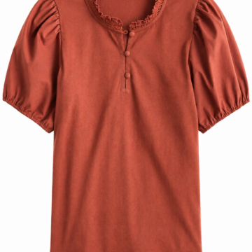 Rust Short Puff Sleeve Ruffle Neck Top with Button Placket