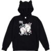 Black Oversized Pullover Hoodie with Cat Ear Hood and Rabbit Graphic