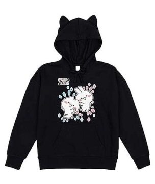 Black Oversized Pullover Hoodie with Cat Ear Hood and Rabbit Graphic