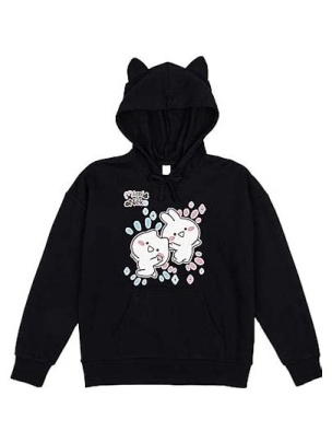 Black Oversized Pullover Hoodie with Cat Ear Hood and Rabbit Graphic
